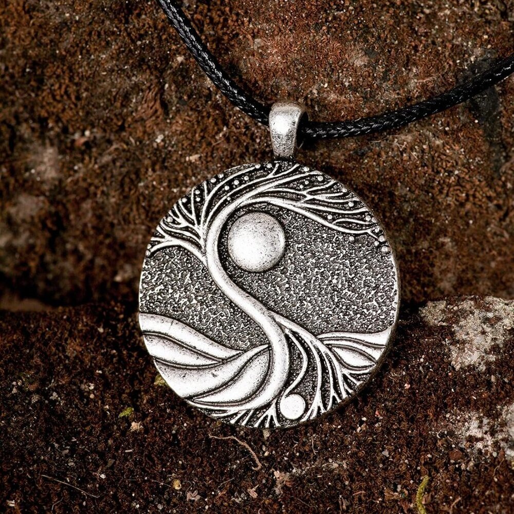 Tree of Life Necklace, Vintage Antique Tree of Life Moon Pendant, Faux Leather C - Picture 3 of 6